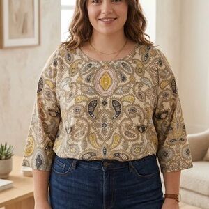 Adrienne Vittadini 3X Blue White Paisley Boho Whimsical Plus Size Top Chic